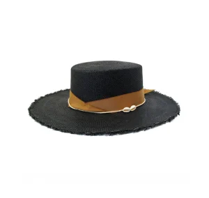 Women's Panama Hats-Sensi Studio Cordovan Frayed Long Brim Hat With Straw And Seashell Detail