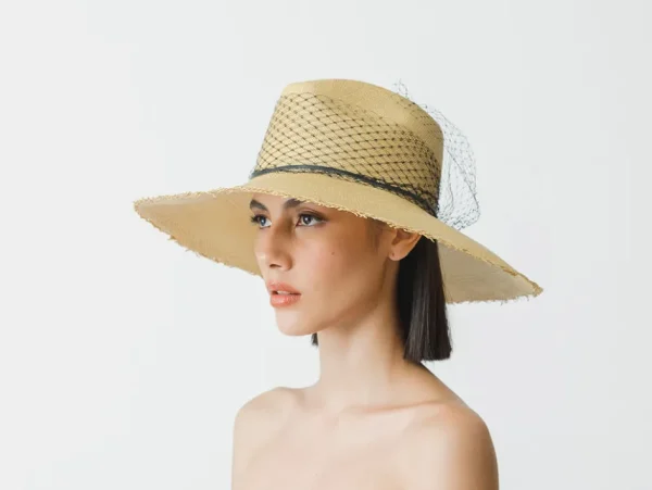 Women's Panama Hats-Sensi Studio Glamour Frayed Aguacate Long Brim With Tulle